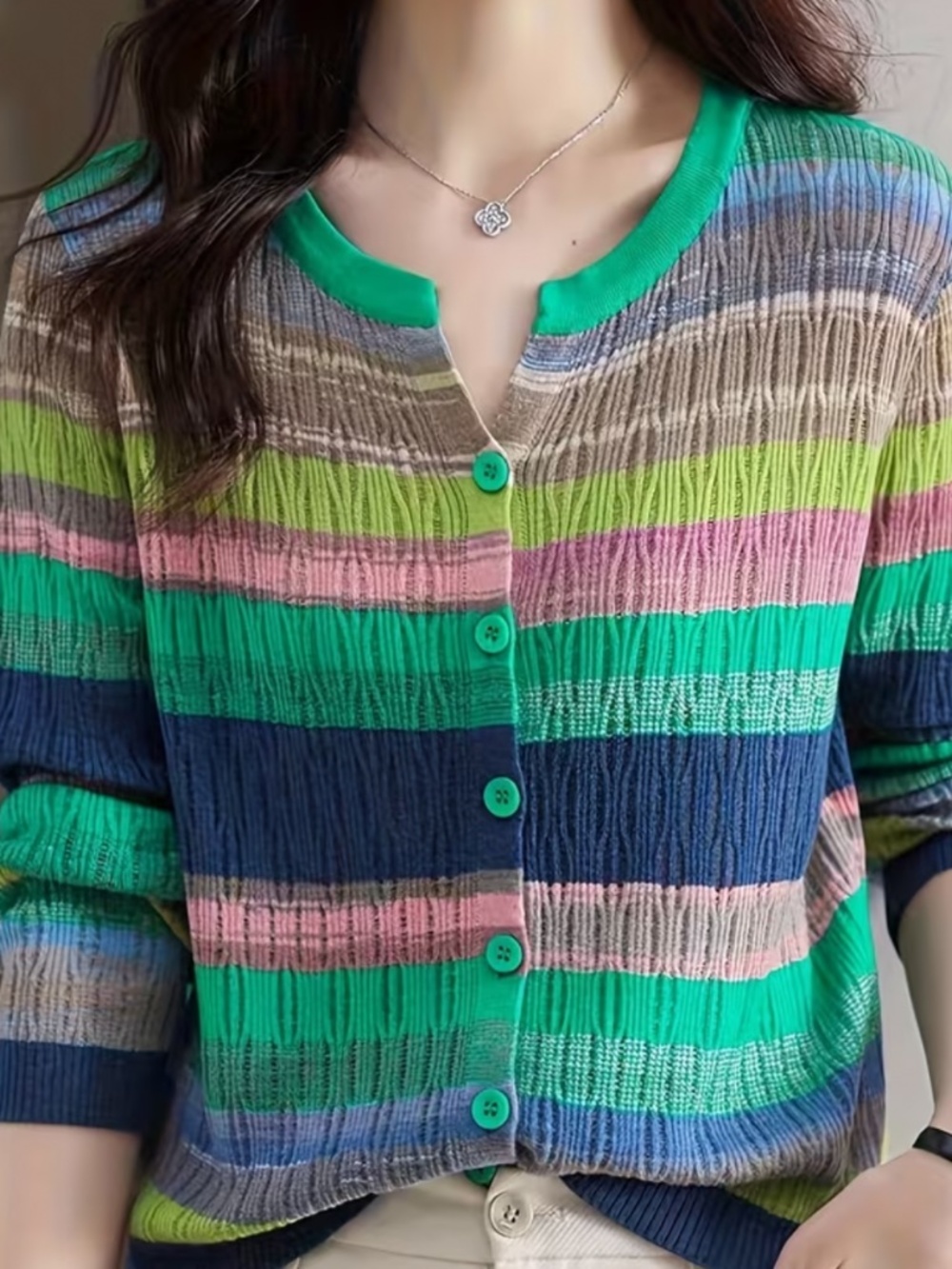 NWOT Aleio Clothing Women’s Multicoloured Striped Hollow-Out Knit Cardigan Med.